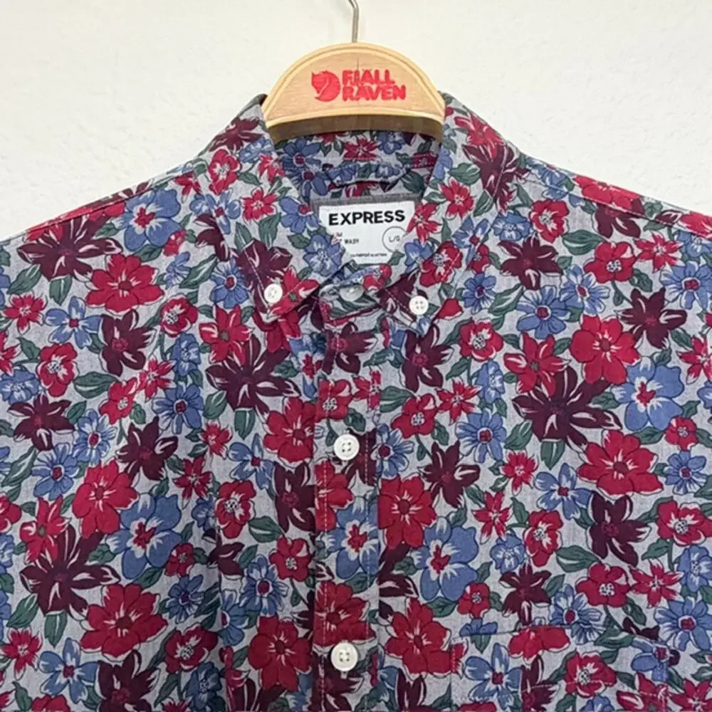Express Slim Soft Wash Button-Down Shirt Men's Large Floral 100% Cotton